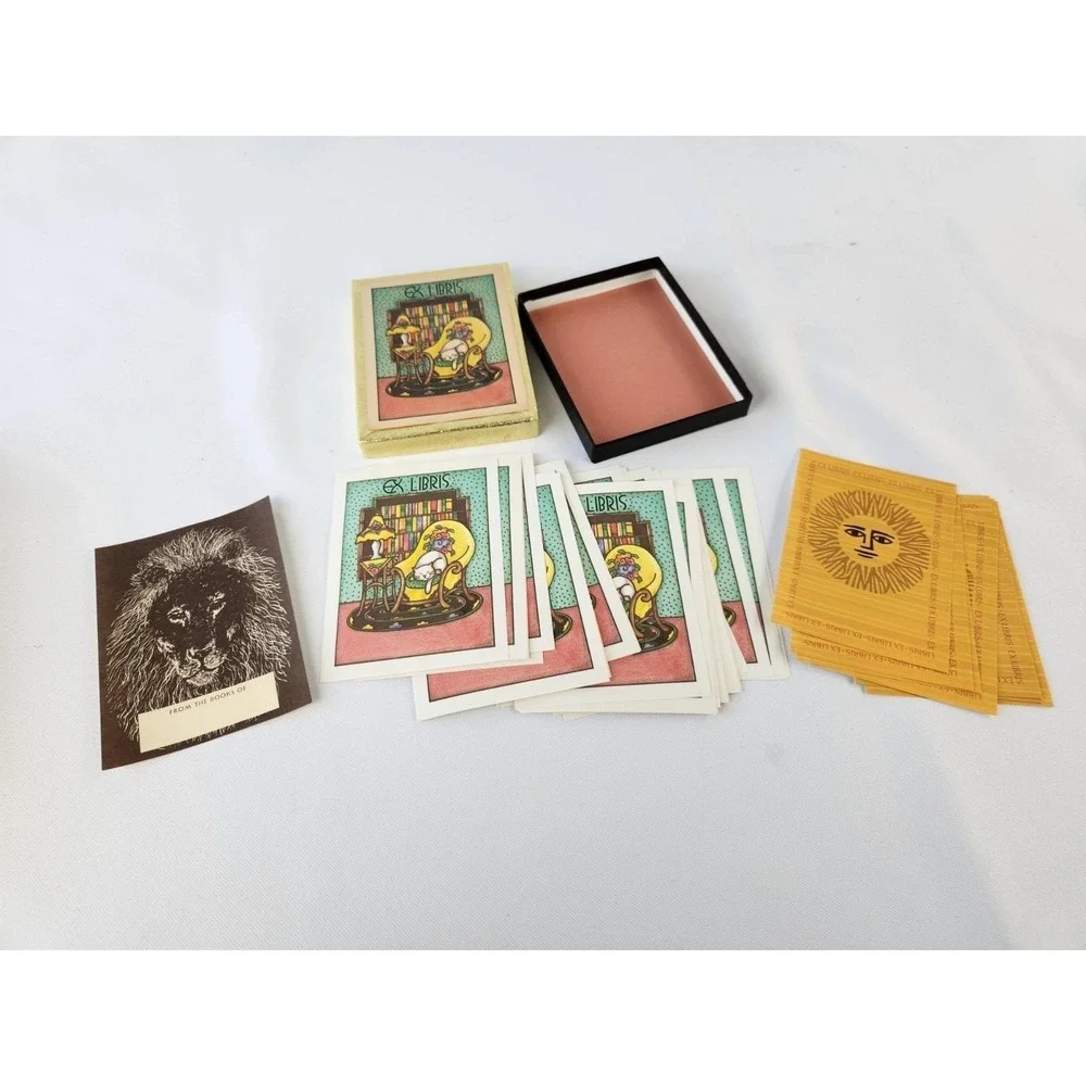 Vtg Antioch Ex Libris Cozy‎ Cat Library Books Bookplates Box 50+ Lion Sun Art